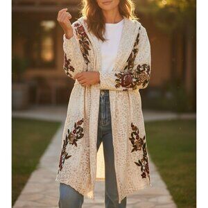 Caite Womens M Hooded Duster Embroidered Floral Accents Boho Cardigan Wrap $215